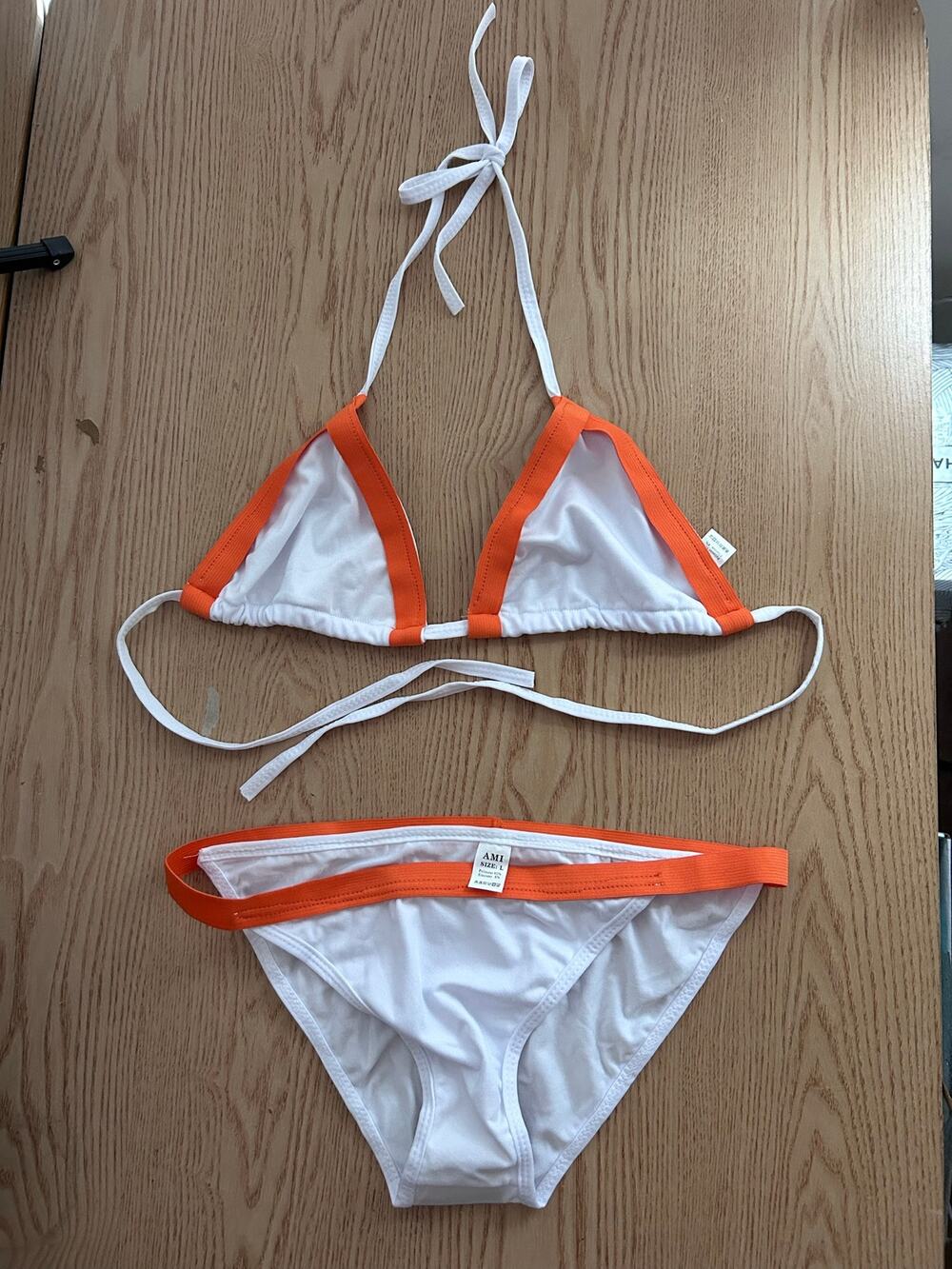 B45 New Women’s AMI Sexy 2Pc White Orange String Bikini Low Rise Medium/Large